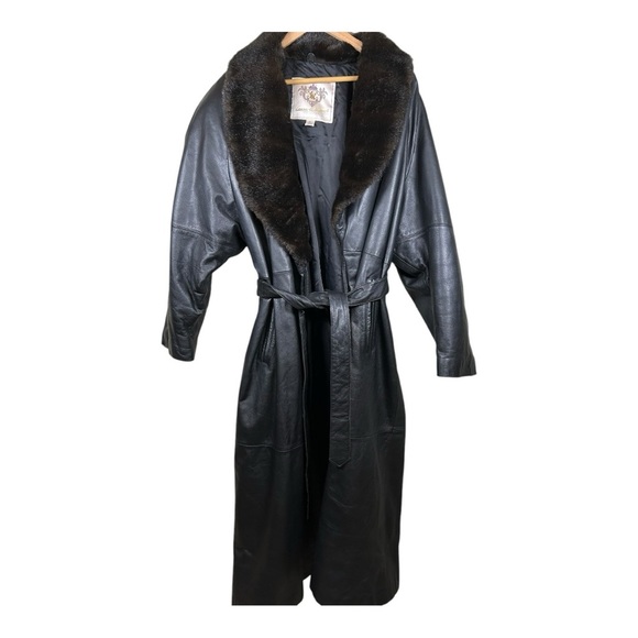 Vtg Laura Winston Collection XL Black Leather Trench Coat Fox Fur Collar - Picture 1 of 11